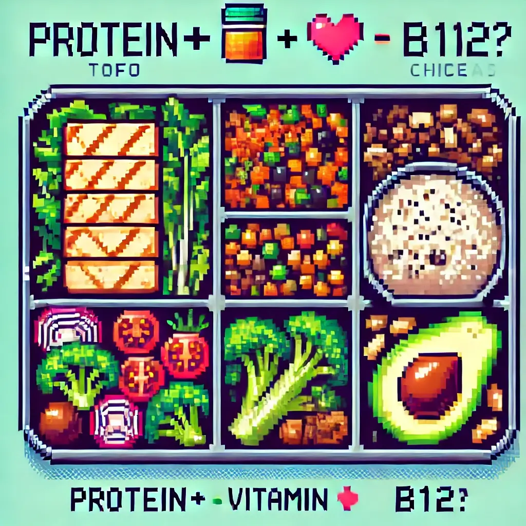 픽셀 아트 스타일의 비건 도시락 박스. 두부, 퀴노아, 렌틸콩+병아리콩, 아보카도+치아씨드, 브로콜리+아몬드가 칸칸이 구분되어 담겨 있고, 각 칸 위에 'PROTEIN+', 'VITAMIN', 'B12?' 등의 픽셀 폰트 라벨이 표시되어 있다.