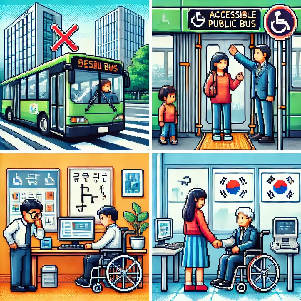 휠체어 이용자 장애인이 계단 앞 카페에서 진입을 막혀 아쉬워하는 장면.