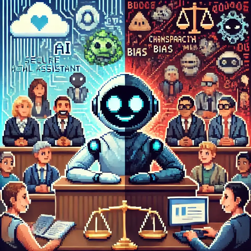 픽셀 아트 법정 장면, 책상에 앉은 AI 챗봇이 사람들에게 법률 자문을 제공하며 뒤에는 그림자 형태의 윤리적 위협이 나타남