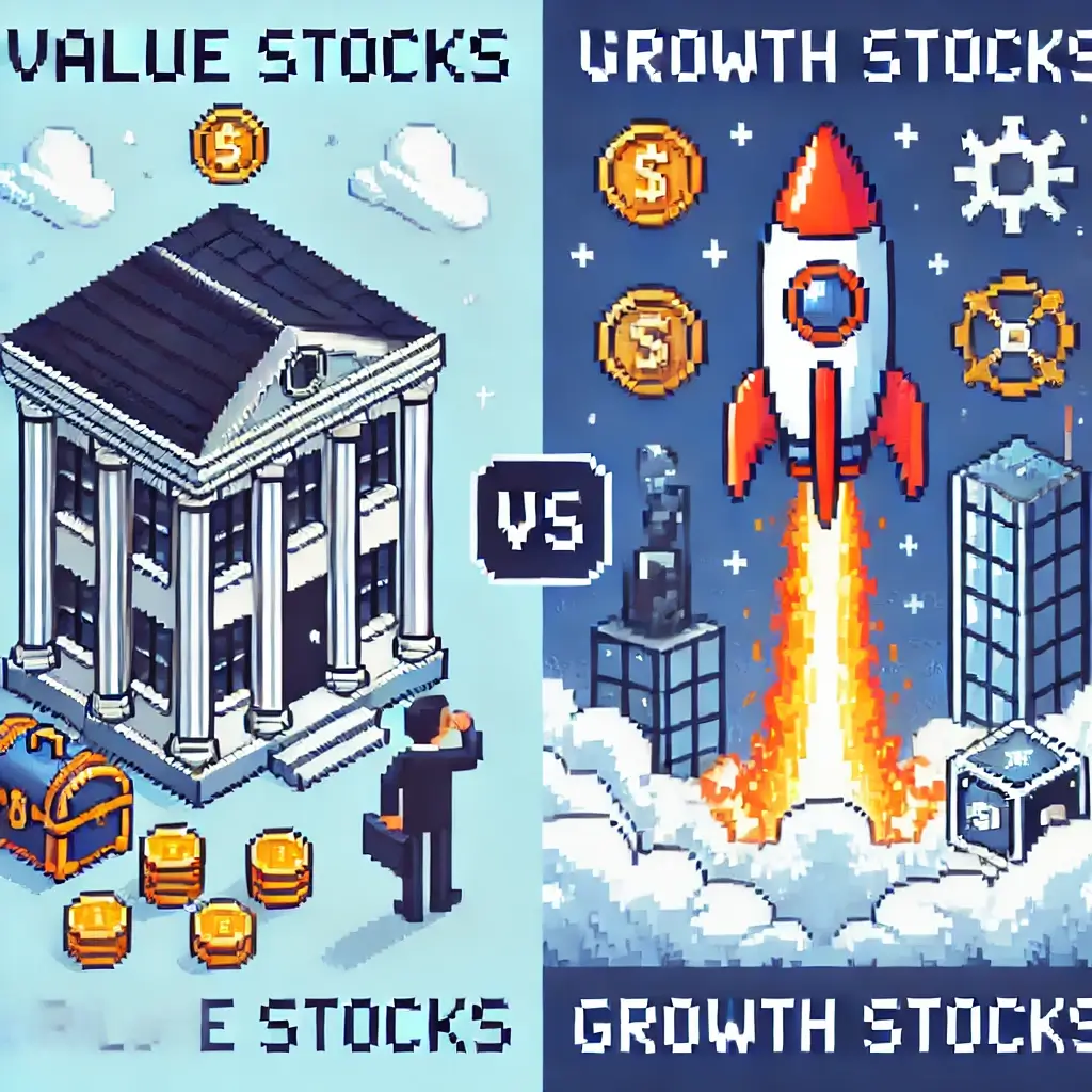 가치주와 성장주 비교 픽셀 아트: 왼쪽은 전통적인 은행 건물, 오른쪽은 날아오르는 로켓.