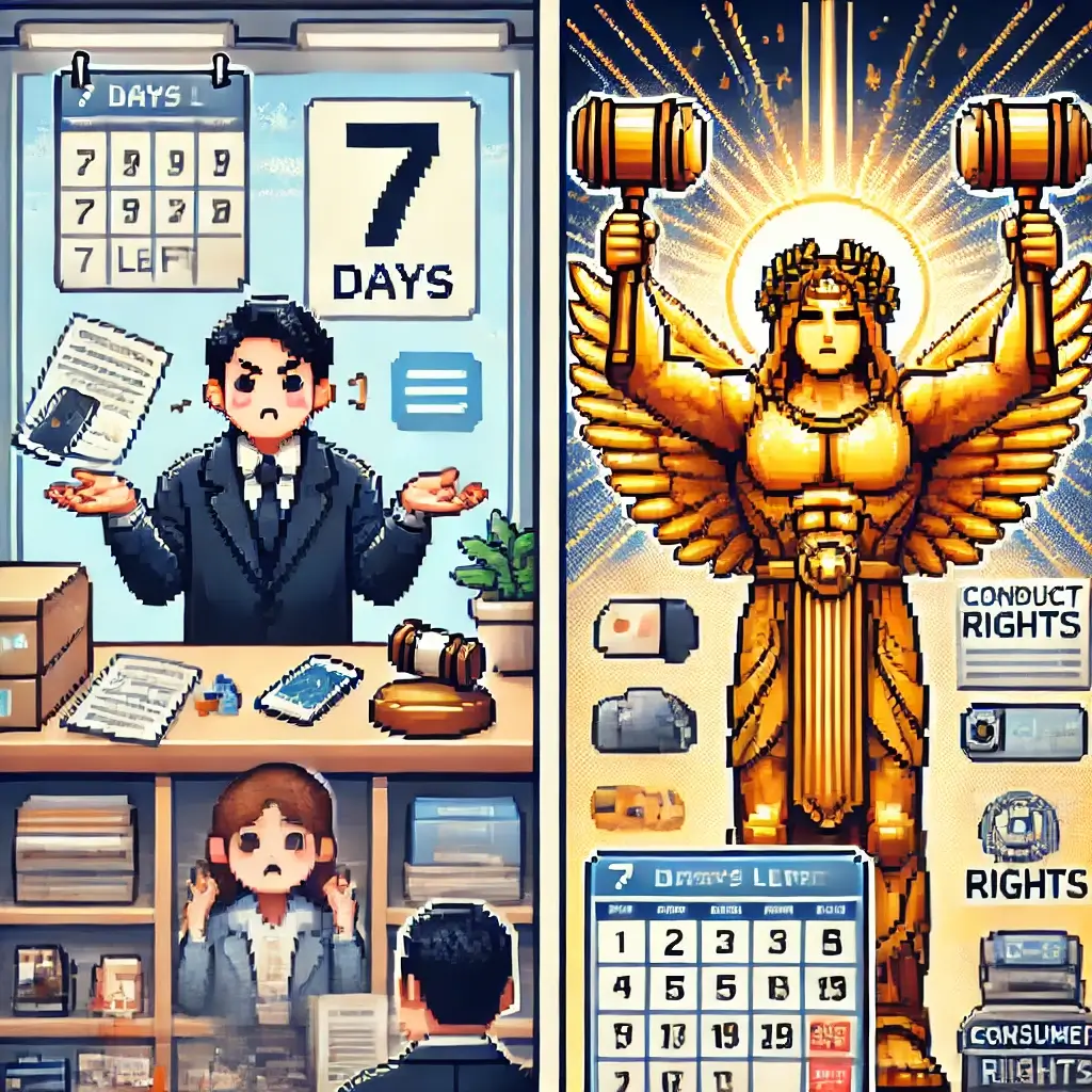 불량 제품을 들고 불만스러운 표정으로 매장 카운터 앞에 선 고객과 무책임하게 어깨를 으쓱이는 직원. 배경에는 영수증, 계약서, 7일 남은 달력이 픽셀 아트로 그려져 있음. 소비자 권리 침해와 긴박함을 표현.