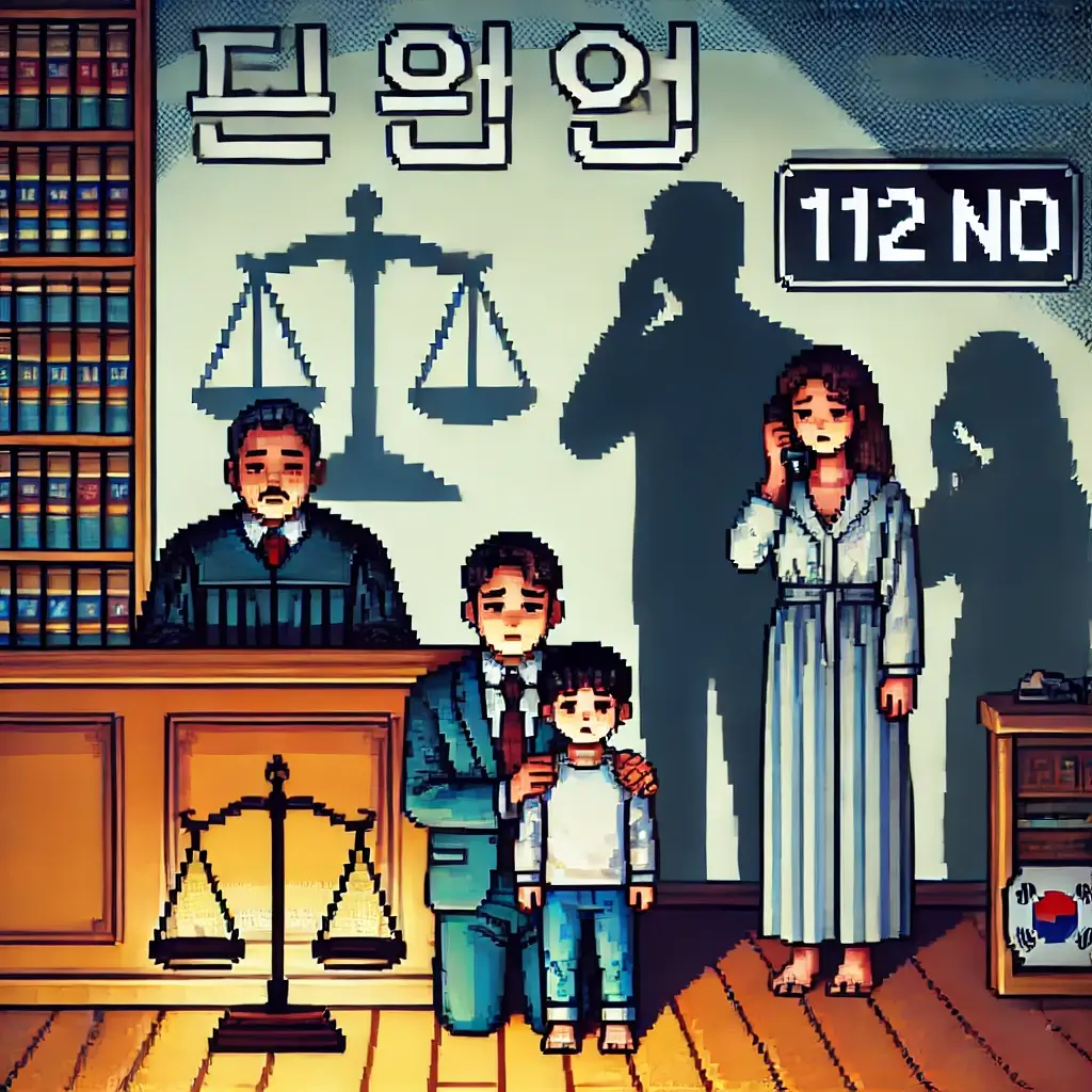 걱정스러운 표정의 소년이 부모와 변호사 옆에 서 있고, 판사가 법정을 주재하며 배경에 ‘소년법’이라는 한글 텍스트와 정의의 저울이 보인다.