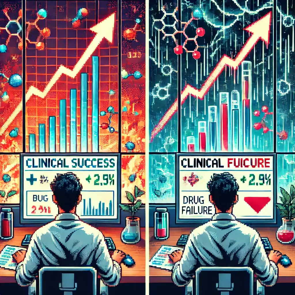 Pixel art of a joyful stock investor cheering in front of a monitor showing a skyrocketing biotech stock chart labeled "Clinical Success", with a bright clinical lab background and glowing molecules.