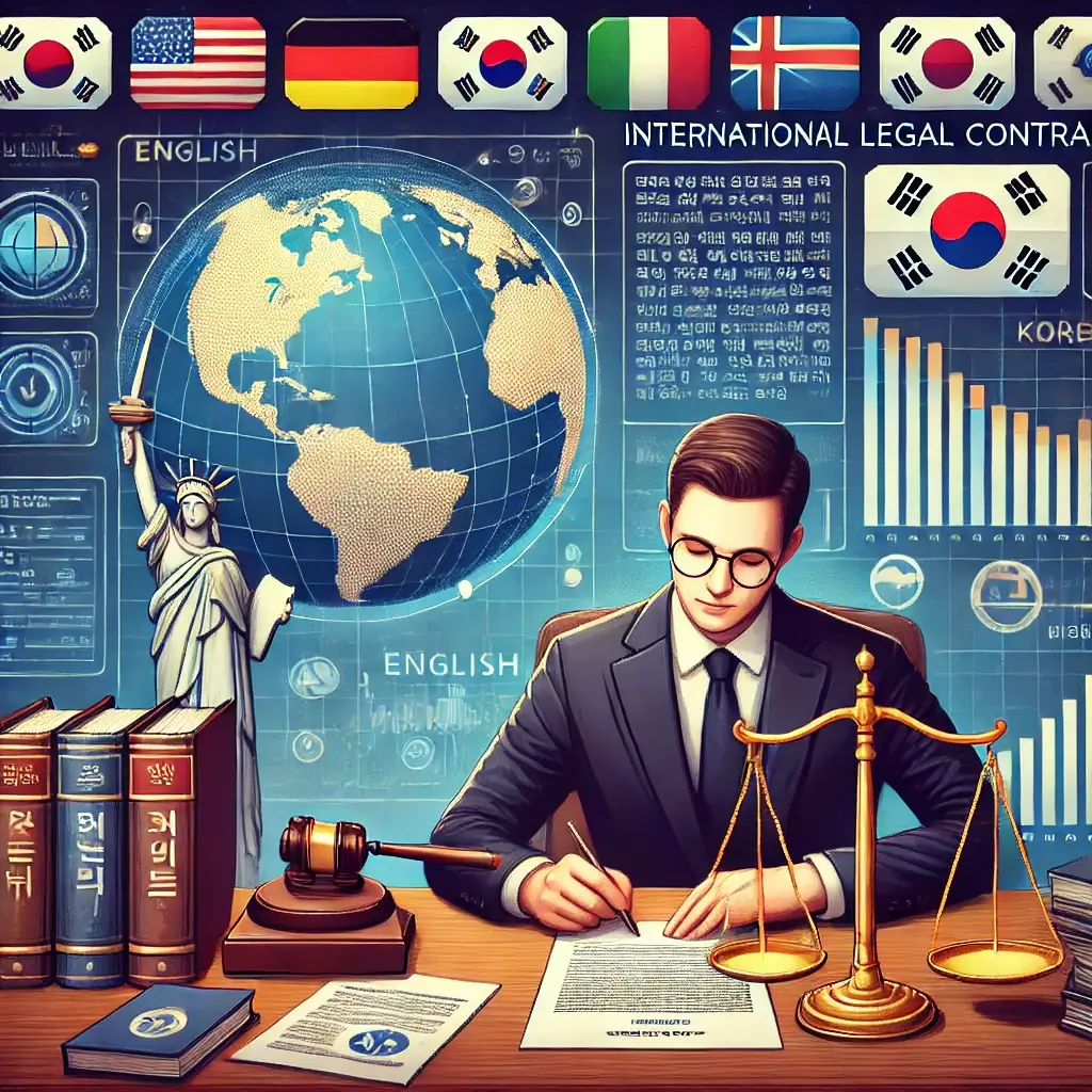 책상 위에서 영어-한국어 이중 언어 계약서를 검토하는 비즈니스맨 픽셀 아트. 책상에는 지구본, 법률 서적, 저울이 놓여 있고 배경에는 여러 국가의 국기와 국제 무역 경로가 보임. 국제 계약 검토를 상징.
