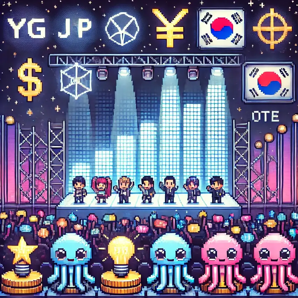 픽셀 아트 스타일의 K-POP 콘서트 무대: 아이돌들이 무대에서 공연 중이며, 관중과 주식 상승 그래프, 기업 로고 스타일의 요소들이 함께 표현됨.