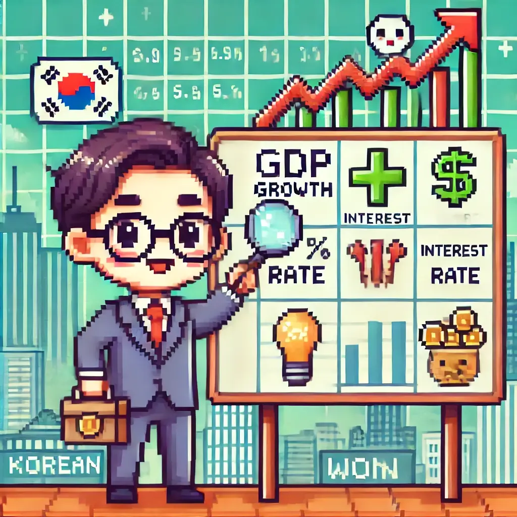 "밝은 분위기의 픽셀아트. 안경을 쓴 투자자가 돋보기를 들고 경제 지표가 표시된 보드 앞에 서 있다. 보드에는 GDP 성장, 금리, 물가 상승을 상징하는 아이콘이 있고, 배경에는 주식 차트, 도시 풍경, 원화 기호 등이 보인다."