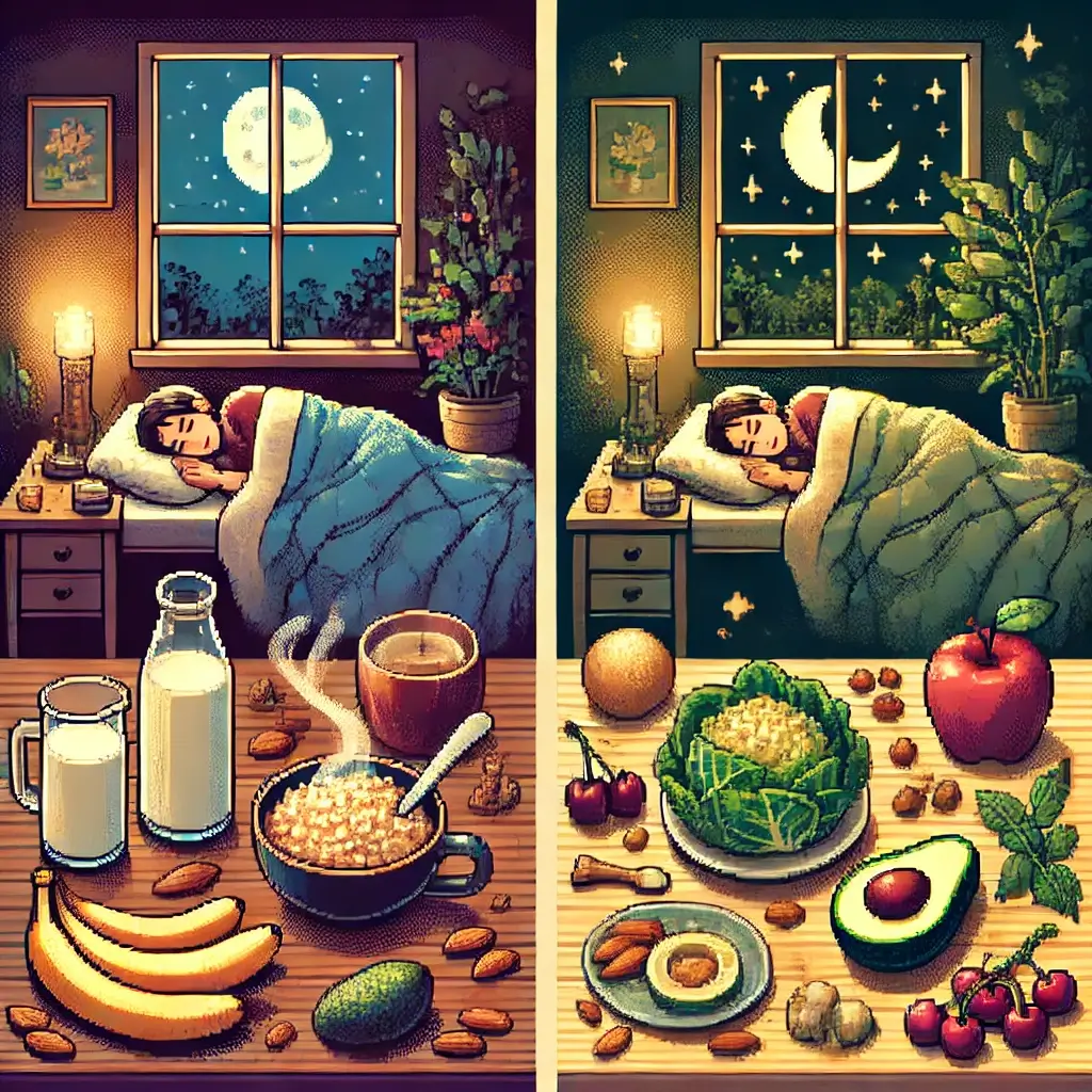 Cozy pixel art bedroom at night with a person peacefully sleeping; glowing foods like warm milk, bananas, oatmeal, almonds, leafy greens, and chamomile tea surround the bed. Moonlight streams through a window with sparkles in the air.