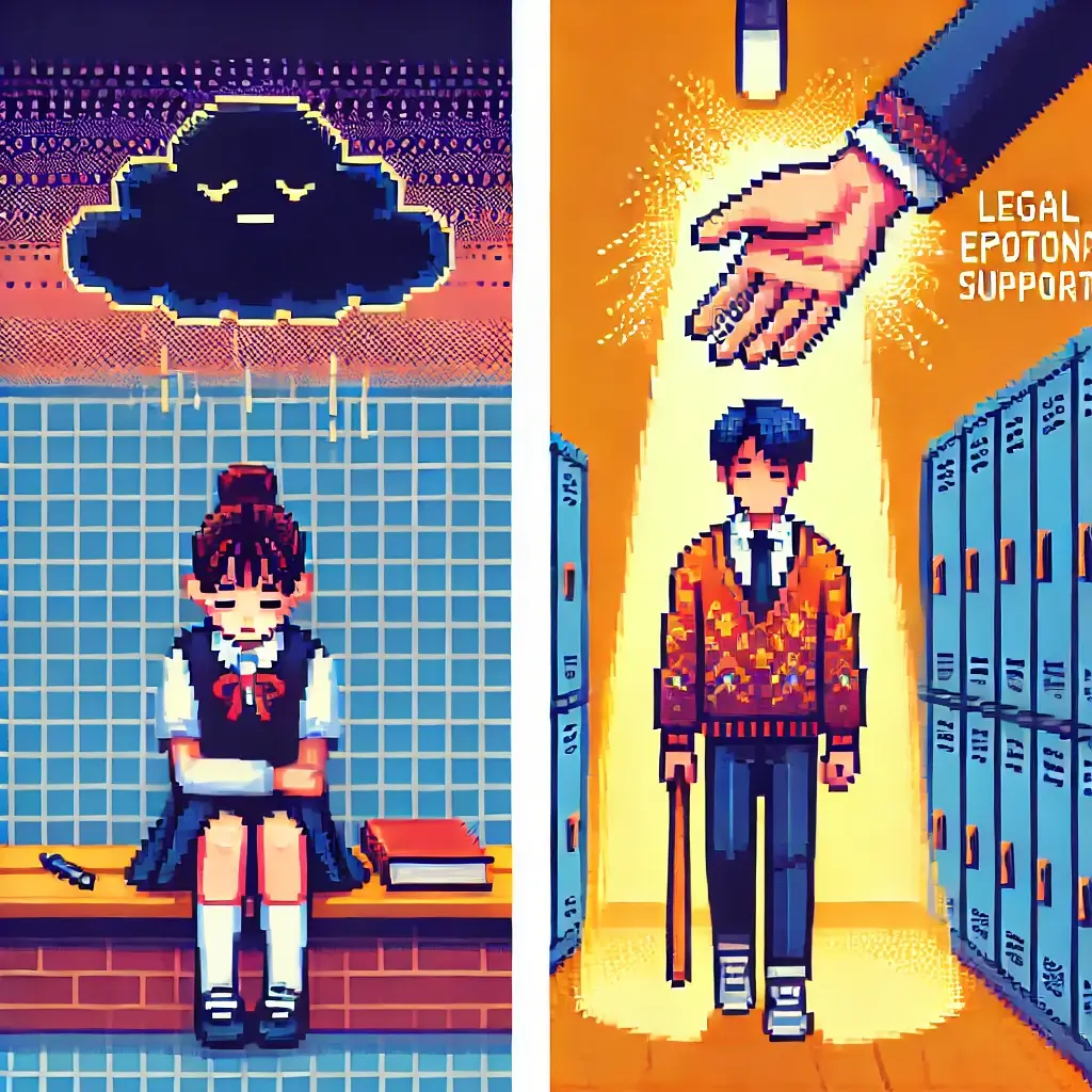 픽셀 스타일의 이미지. 어두운 구름 아래 외롭게 앉은 학생과 그 위로 따뜻한 빛을 비추며 손을 내미는 보호자의 손. 한국 학교 복도 배경.