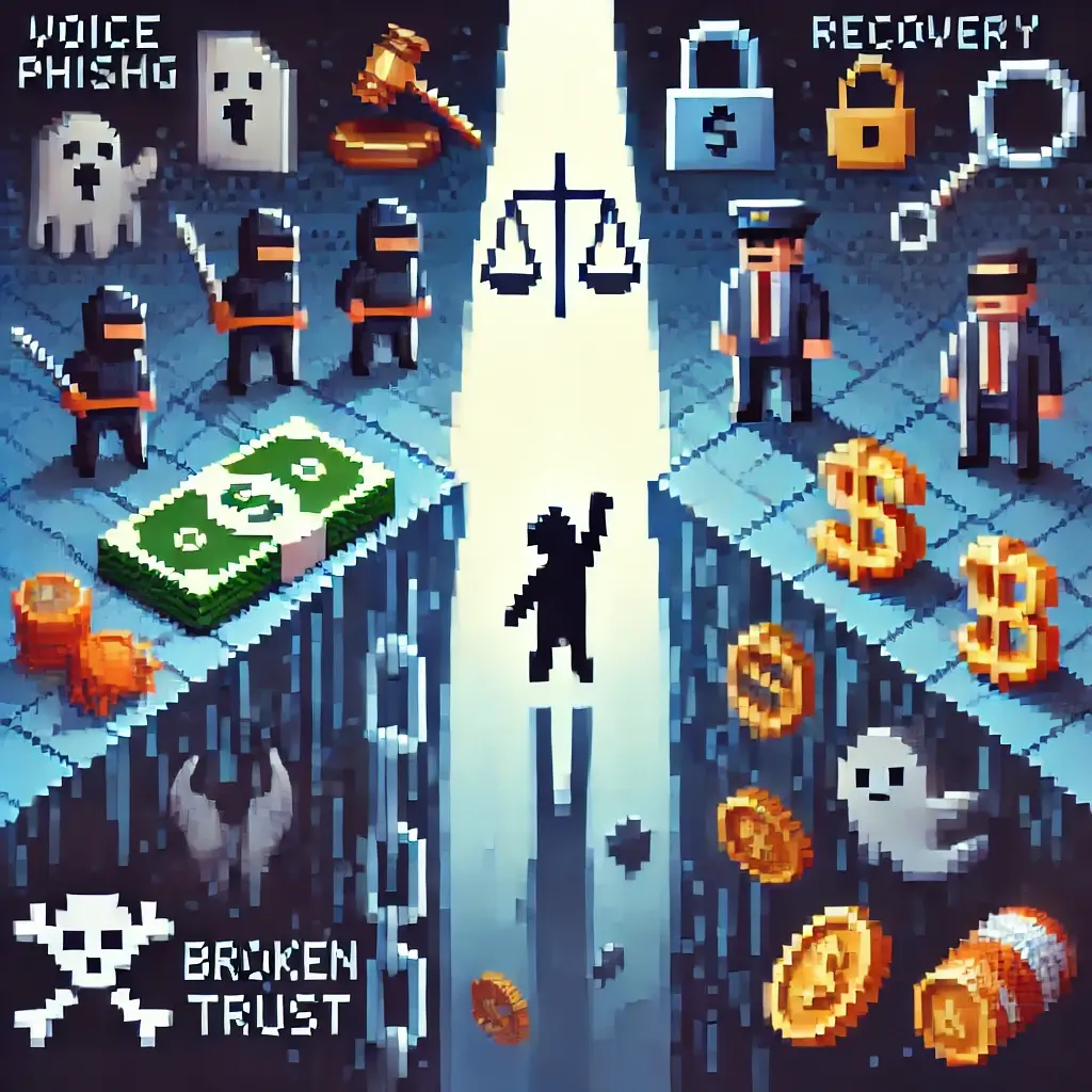 보이스피싱과 사기, 횡령의 어둠 속에 선 픽셀 캐릭터가 정의와 회복을 상징하는 빛을 향해 손을 뻗고 있는 장면. 어두운 픽셀 심연엔 돈, 유령 손, 가면 등이 떠 있고, 반대편엔 망치, 경찰 배지, 도움의 손길이 밝게 빛난다.