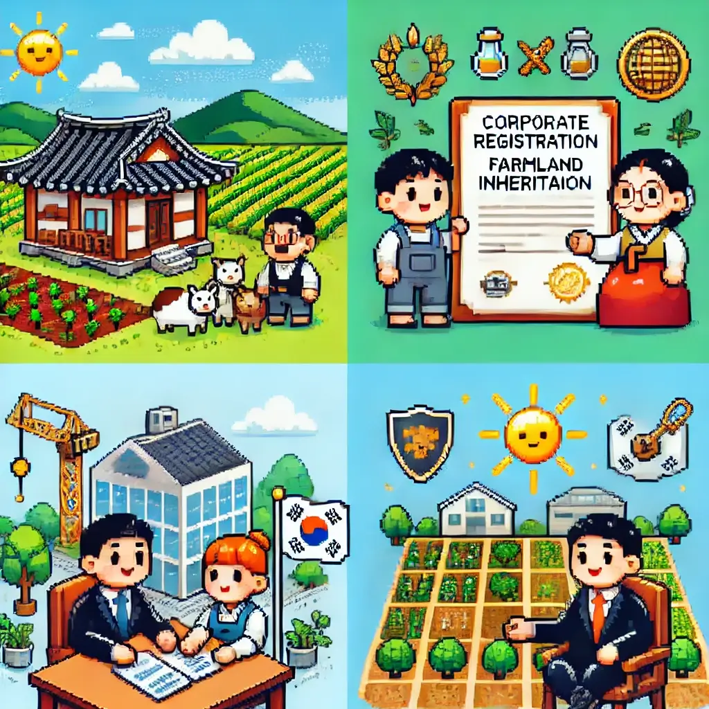 1단계 끝! 농지 상속부터 법인 설립, 전용까지, 3가지 농업 법률 완벽 정복! 2 픽셀 아트로 표현된 한국 농지 상속 장면 – 노인이 자녀에게 농지를 넘겨주는 모습. 법인