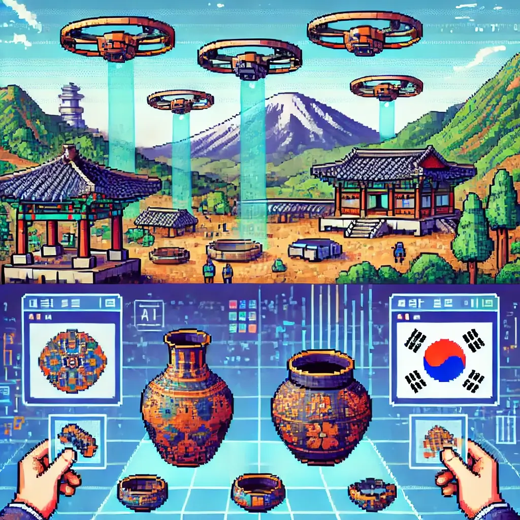 드론이 산을 스캔하며 매장된 도자기를 디지털로 보여주는 미래형 한국 역사고고학 현장의 픽셀 아트.