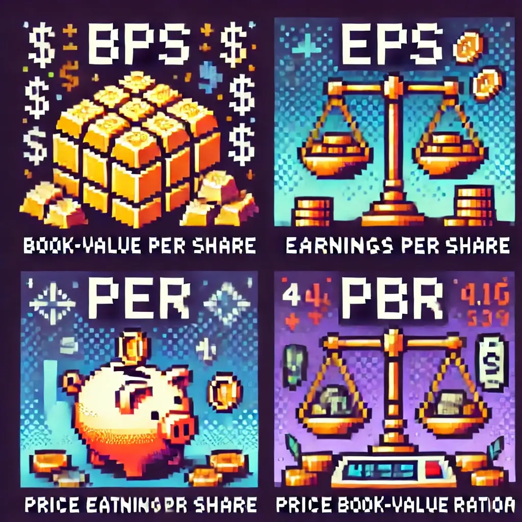 BPS 픽셀 아트 – 금괴가 든 금고와 주식 증서, 주당순자산을 상징. 재무제표