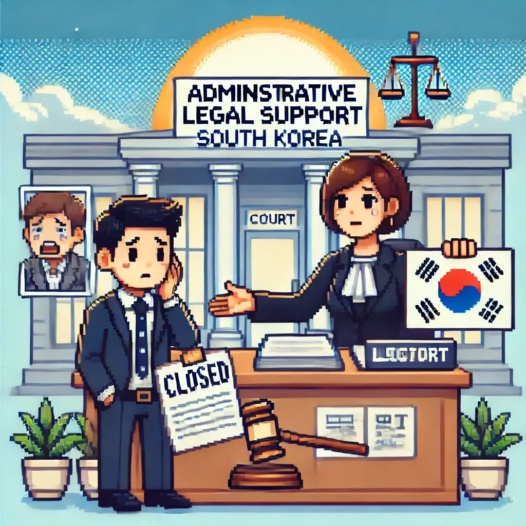 픽셀 아트 스타일의 이미지로, 문 닫힌 가게 앞에서 걱정하는 사업가, 징계 문서를 든 충격받은 공무원, 그리고 이들을 도와주는 법률 전문가가 함께 서 있으며, 뒤에는 법원 건물과 희망을 상징하는 해돋이가 있는 장면.