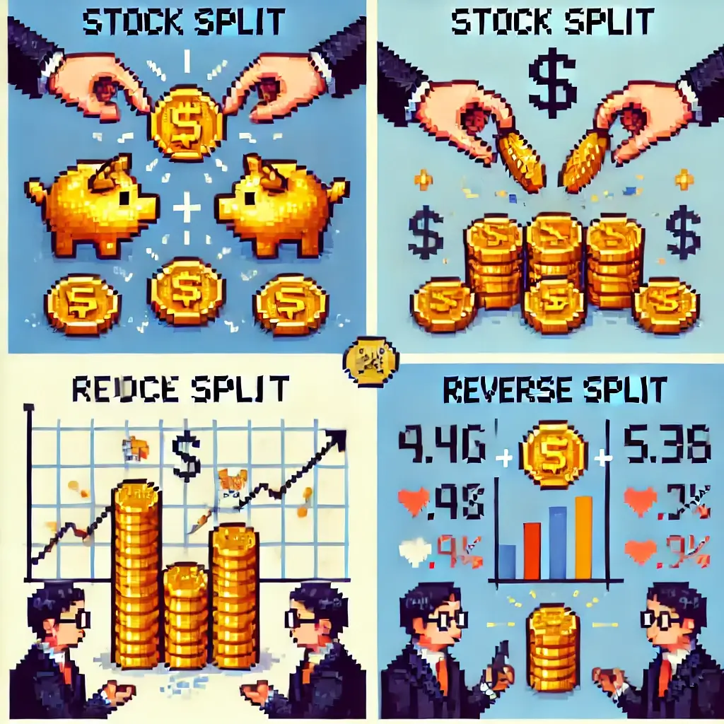 Pixel art of a stock split: large coin breaking into smaller coins, happy investor watching.