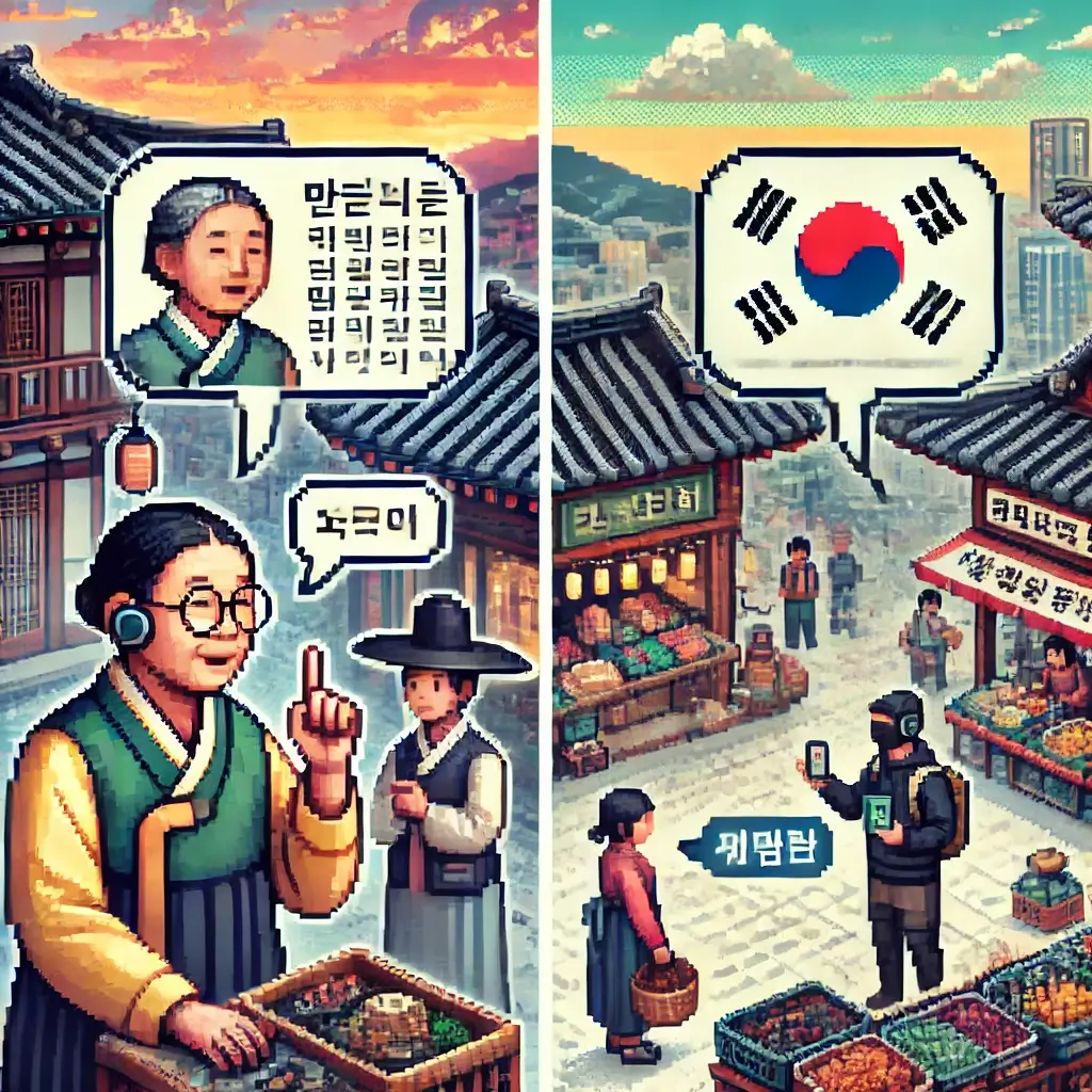 전통 한복을 입은 한국 노인이 지역 방언으로 말하는 장면이 픽셀 아트로 표현됨. 말풍선에는 방언 텍스트가 보이며, 근처의 친근한 AI 홀로그램 기기가 이를 실시간으로 표준어로 번역해 다른 말풍선에 표시함. 배경에는 한옥 지붕과 한국 전통 풍경이 디지털 요소와 어우러져 있어, 문화와 기술의 조화를 상징함.