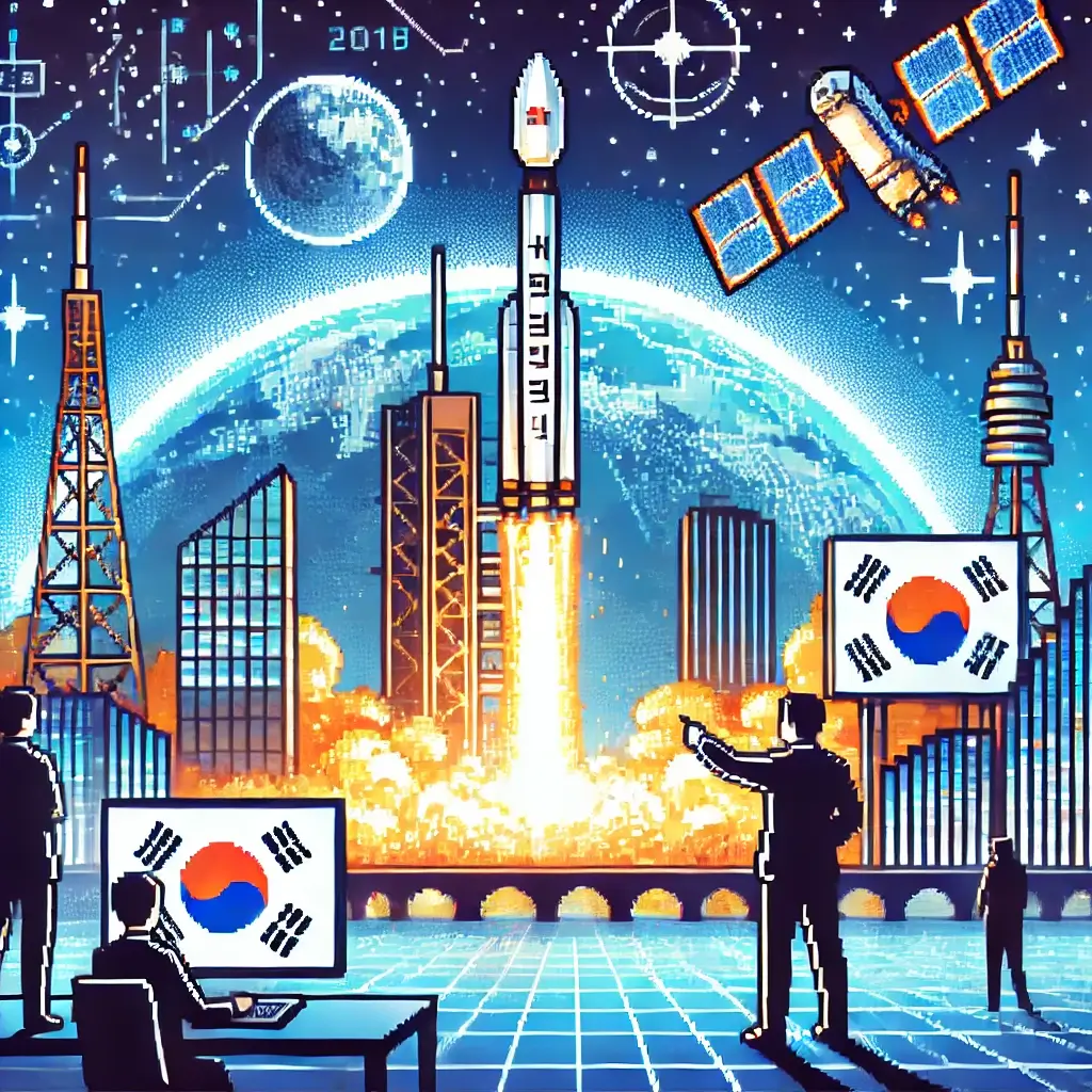 픽셀 아트 스타일의 미래 도시 서울 위로 누리호가 이륙하는 장면. 수트 차림의 인물들이 위성과 그래프를 가리키며 우주 산업 투자를 상징함.