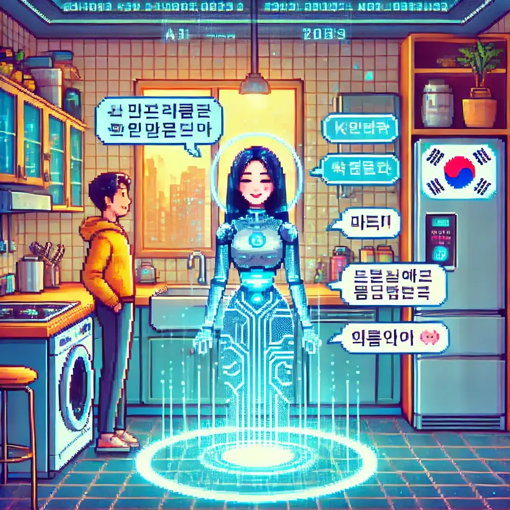 스마트홈 주방에서 AI 음성 비서가 홀로그램 형태로 등장해 사용자와 상호작용하는 픽셀 아트 이미지. 주방에는 한국어 인터페이스와 스마트 기기들이 가득함.

