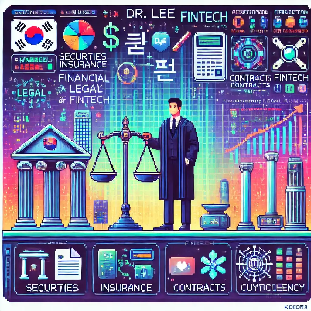 픽셀 아트의 디지털 핀테크 세계 – 스마트폰과 데이터 흐름, 보안 방패, 암호화폐 기호, 미래 도시 배경 속에 법적 리스크에 대비한 인물이 묘사됨.