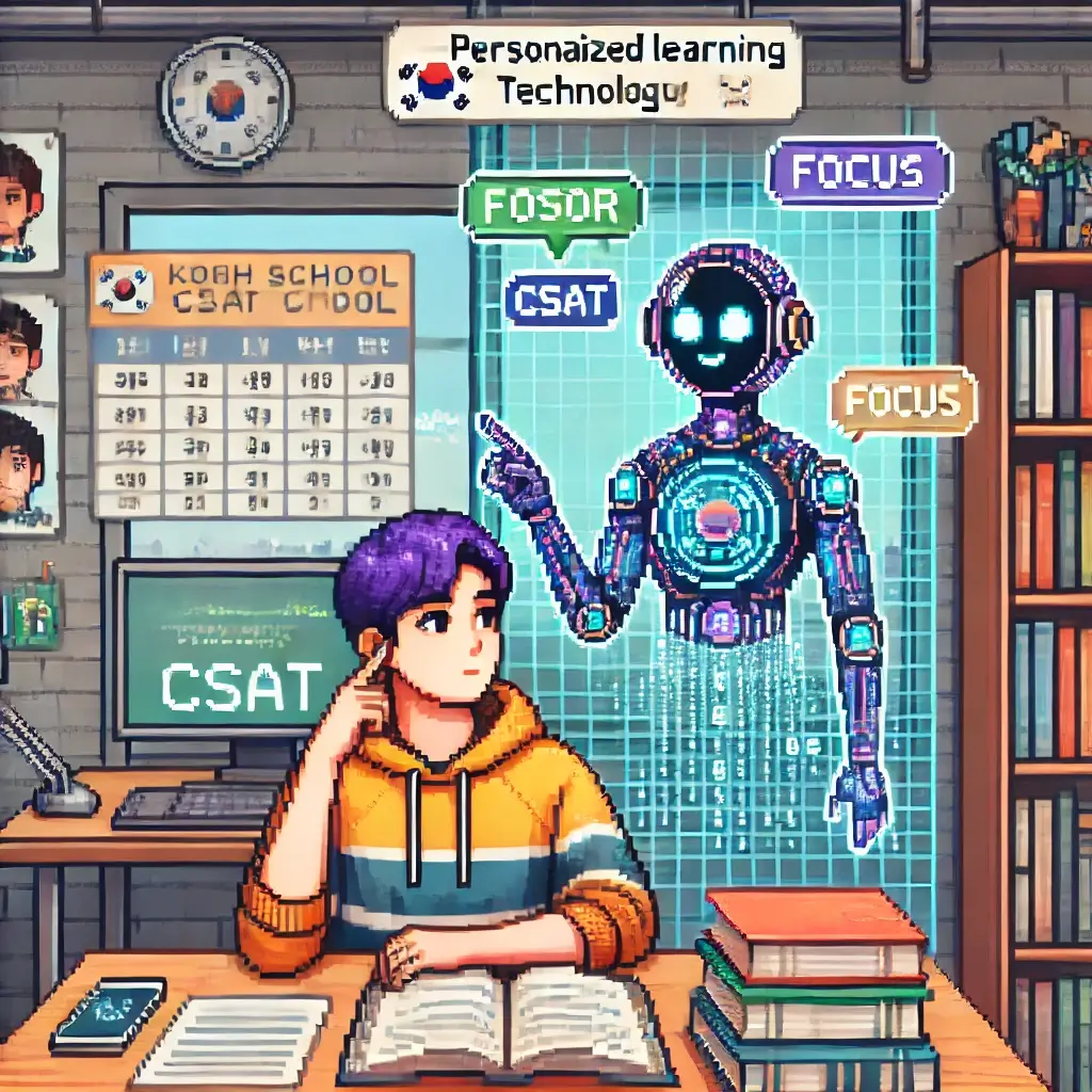 픽셀 아트로 표현된 책상 앞 수험생과 AI 홀로그램 튜터, 수능 공부를 돕는 장면