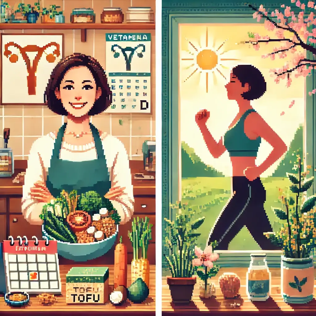 건강한 갱년기 식단과 운동을 상징하는 픽셀 아트. 왼쪽은 밝은 주방에서 영양 가득한 식사를 준비하는 중년 여성, 오른쪽은 공원에서 조깅하는 모습.