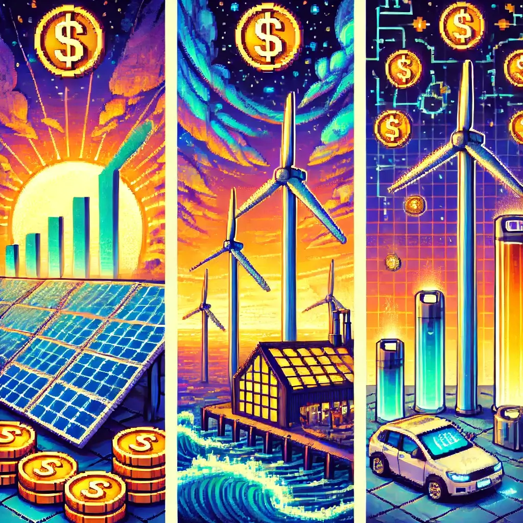 친환경 에너지 투자, 지금 당장 시작해야 할 3가지! 2 Pixel art of solar panels on a rooftop with a rising sun, upward graph and dollar signs indicating investment growth in solar energy.