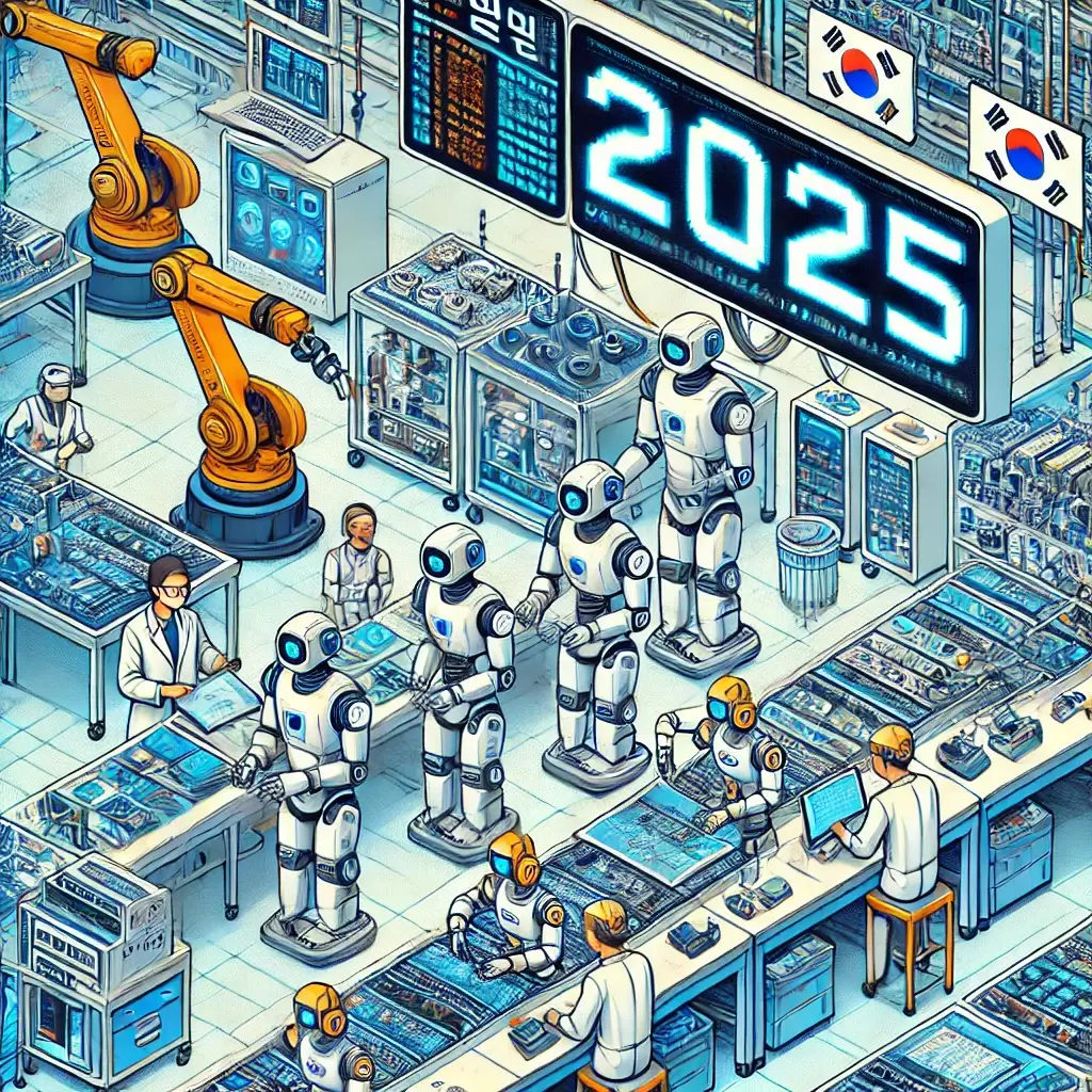 "2025년 스마트 공장에서 협동 로봇과 사람이 함께 일하는 모습을 픽셀 아트로 표현. '협동 로봇', '스마트 공장', '2025'라는 한국어 간판이 보이며, 로봇 팔이 정밀하게 제품을 조립하고 있음. 미래지향적인 파란색 계열의 하이테크 분위기."