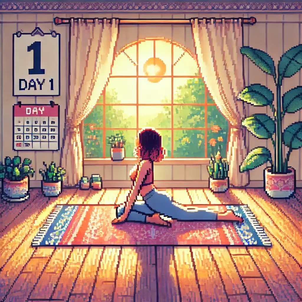 창가 햇살 아래 ‘다운독 자세’를 하는 여성의 요가 장면이 픽셀 아트로 표현되어 있음. 초록 식물과 'Day 1' 캘린더가 보이고, 따뜻한 나무 바닥과 부드러운 색감이 조화를 이룸.