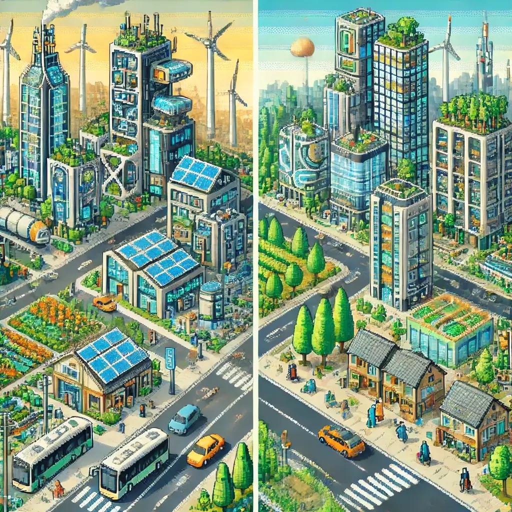 Pixel art of a suburban Korean neighborhood showing small single-story homes, elderly people walking in a park, and compact apartments near a metro station, using warm earthy tones to reflect aging society and single-person households.