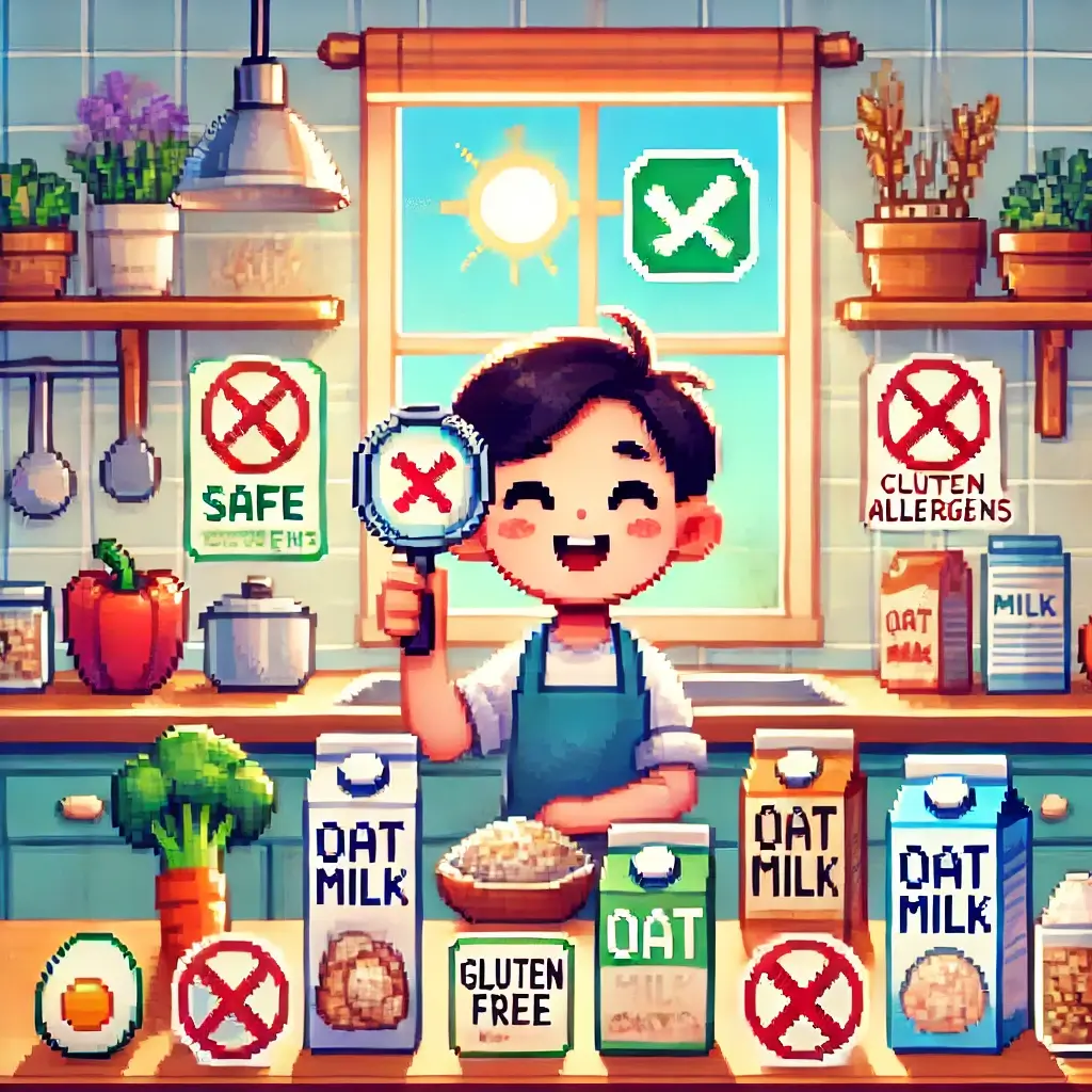 픽셀 아트 스타일의 따뜻한 주방 장면에서 한 인물이 식품 라벨을 확대경으로 확인하며 알레르기 성분을 살펴보고 있다. 주위에는 쌀, 채소, 귀리 우유, 글루텐 프리 빵 등 안전한 식품이 정돈되어 있으며, 화면 한쪽에는 땅콩, 우유, 계란, 갑각류 위에 빨간 ‘X’ 표시가 되어 있다. 창문 너머 햇살이 비치며 건강과 희망을 상징한다. 알레르기 관리