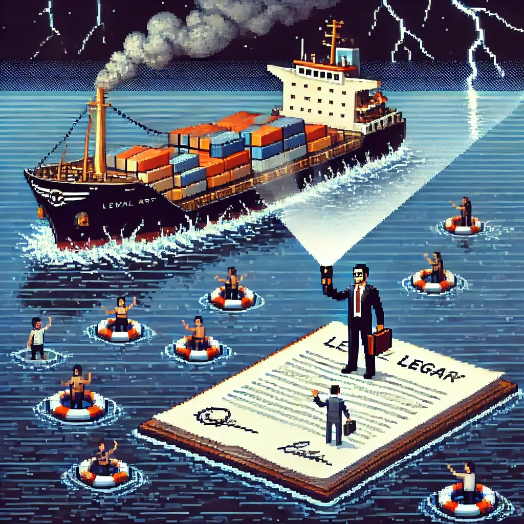 Pixel art of a sinking cargo ship at sea with people in the water, and a maritime lawyer on a floating legal document shining a light to guide them.