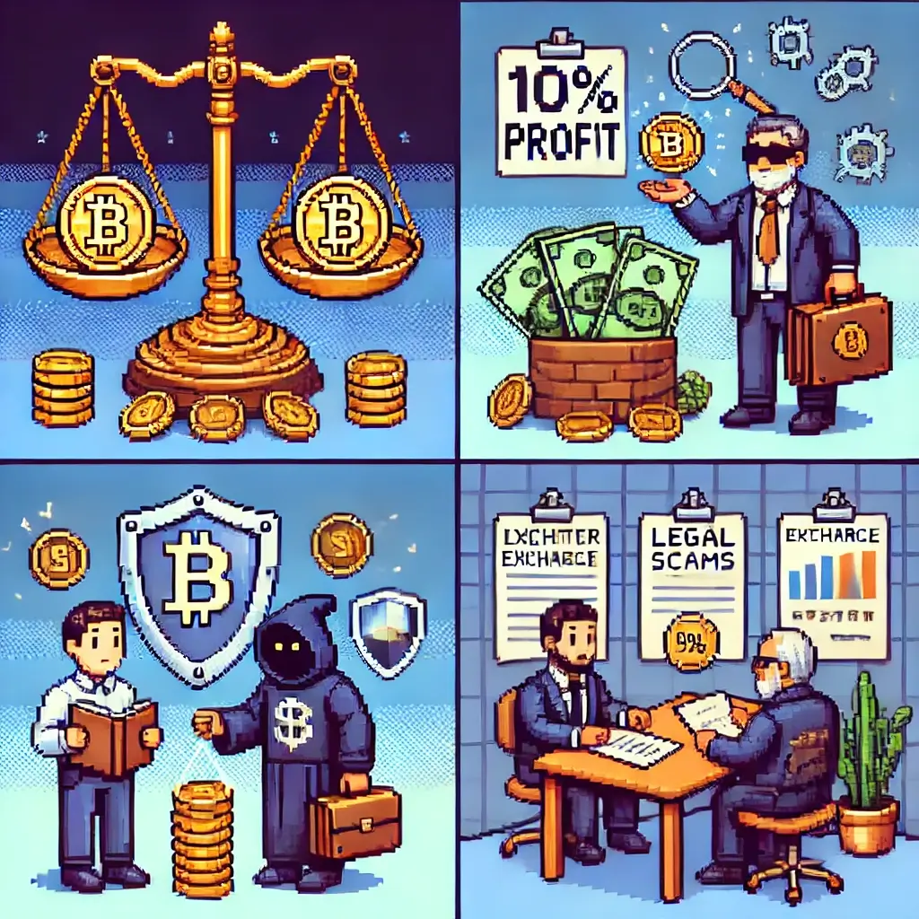 비트코인과 법률서를 양쪽에 올린 저울 픽셀 아트 – 가상자산 규제를 상징.