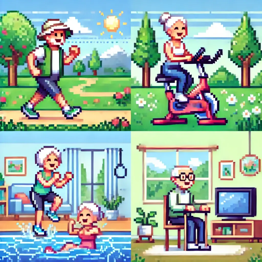 모자를 쓰고 공원을 걷는 노년층 노인의 픽셀 아트, 나무와 웃는 표정이 특징.