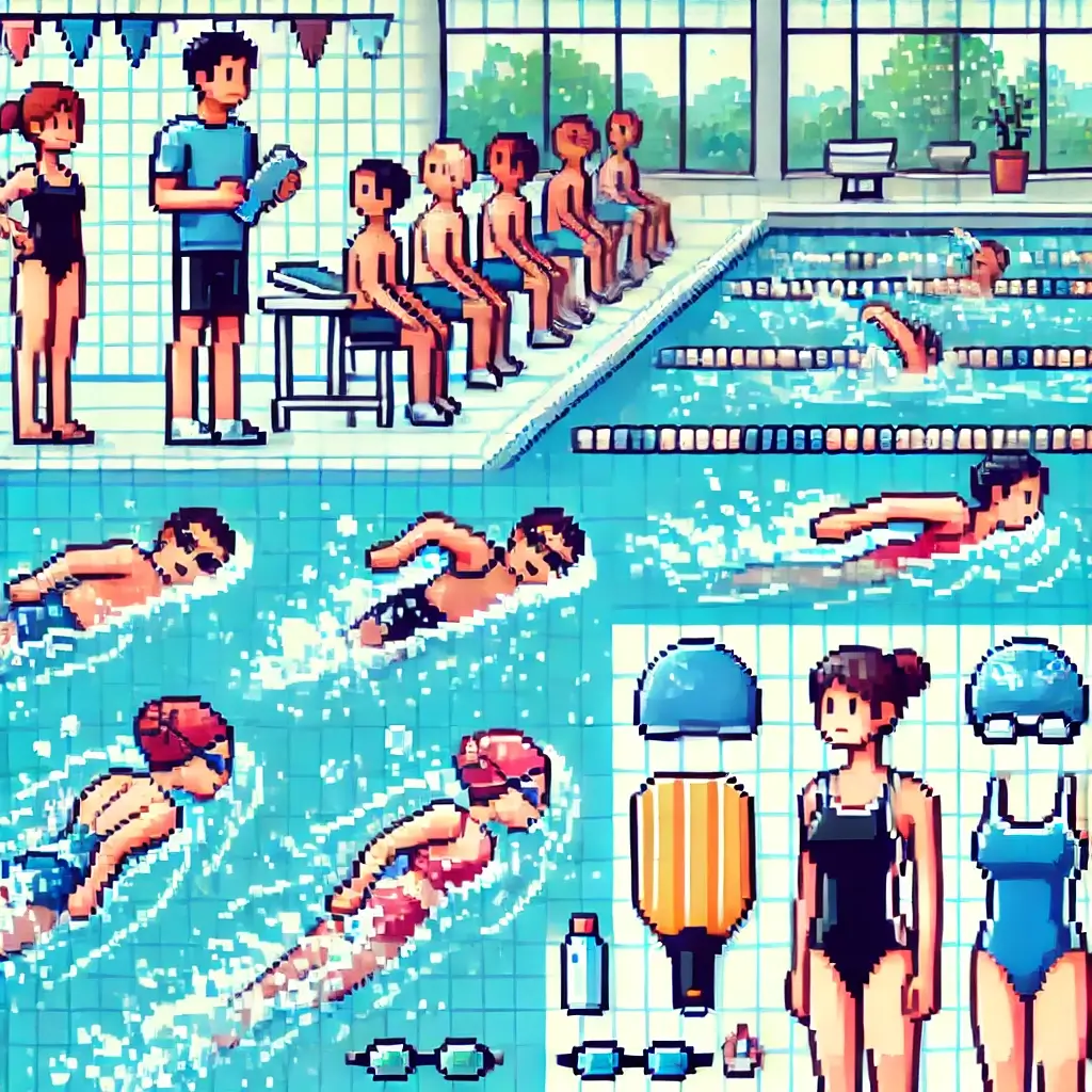초보 수영자가 강사와 함께 물에 뜨기 연습을 하는 장면, 픽셀 아트 스타일.