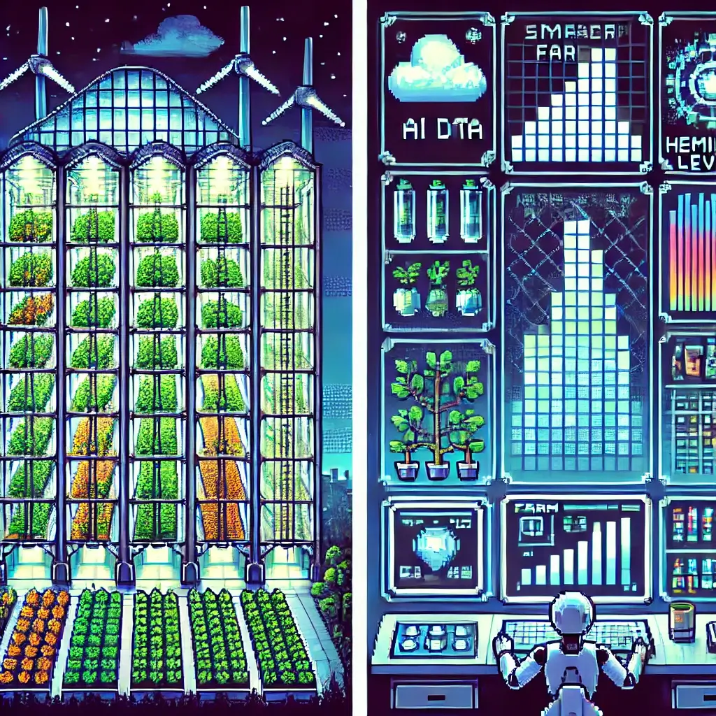 수직 농장, LED 조명, 로봇 팔이 작물을 관리하는 미래형 스마트 온실 픽셀 아트