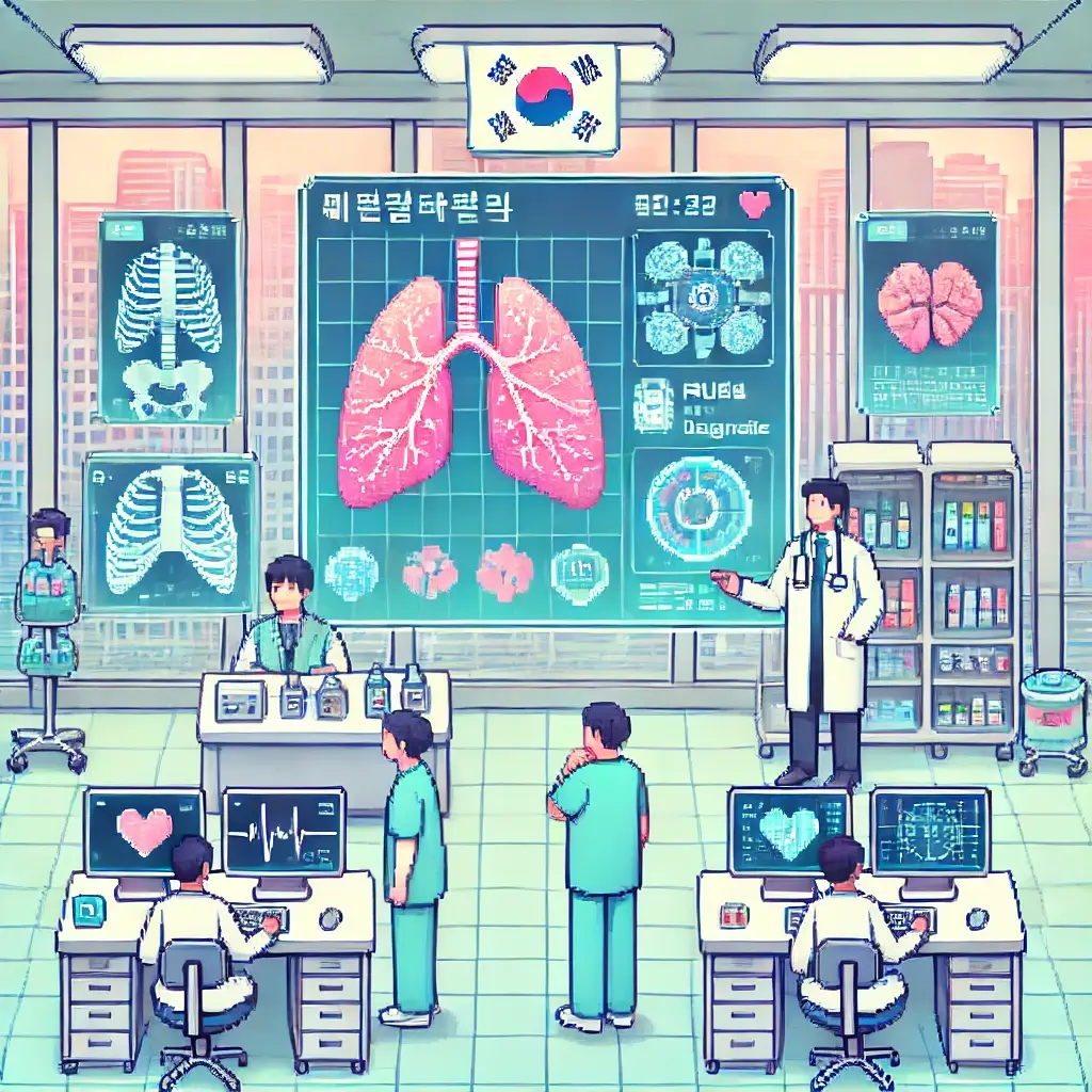폐, 뼈, 뇌를 AI로 진단하는 미래형 한국 병원의 픽셀 아트 이미지입니다. AI 진단 보조 시스템
