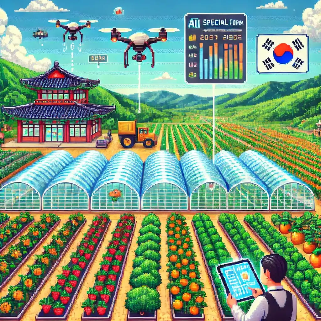 한국 특산물이 자라는 스마트 팜에서 농부가 태블릿으로 재배 환경을 모니터링하며, 드론과 AI 시스템이 작동 중인 모습을 그린 픽셀 아트.