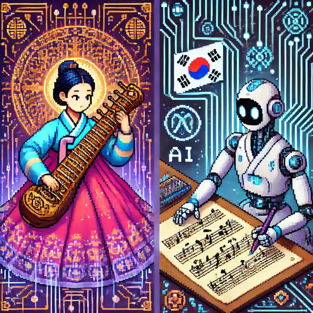 AI 데이터 스트림에 둘러싸인 가야금을 연주하는 한국 전통 음악 연주자의 픽셀 아트