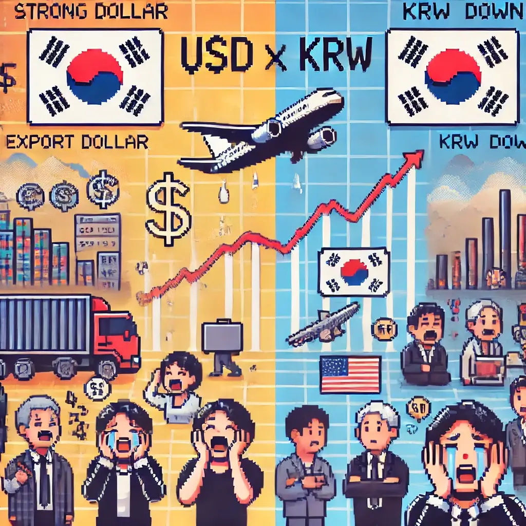 픽셀아트 스타일로 표현된 환율 변동에 따른 한국 주식 시장의 양면성. 왼쪽은 환율 상승으로 수출 기업들이 호황을 누리고 투자자들이 기뻐하는 모습, 오른쪽은 수입 기업과 소비자가 피해를 입고 외국인 투자자가 이탈하는 모습. 각종 화폐 기호($, ₩), 공장, 주식 차트, 항공기, 사람들의 감정이 표현되어 있음.