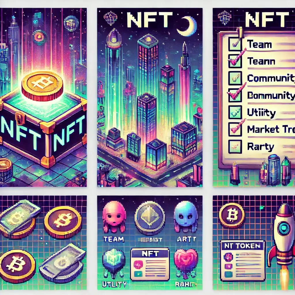 블록체인 금고와 빛나는 NFT 토큰이 있는 픽셀 아트, 2024년 NFT 투자와 디지털 자산 소유권을 상징.