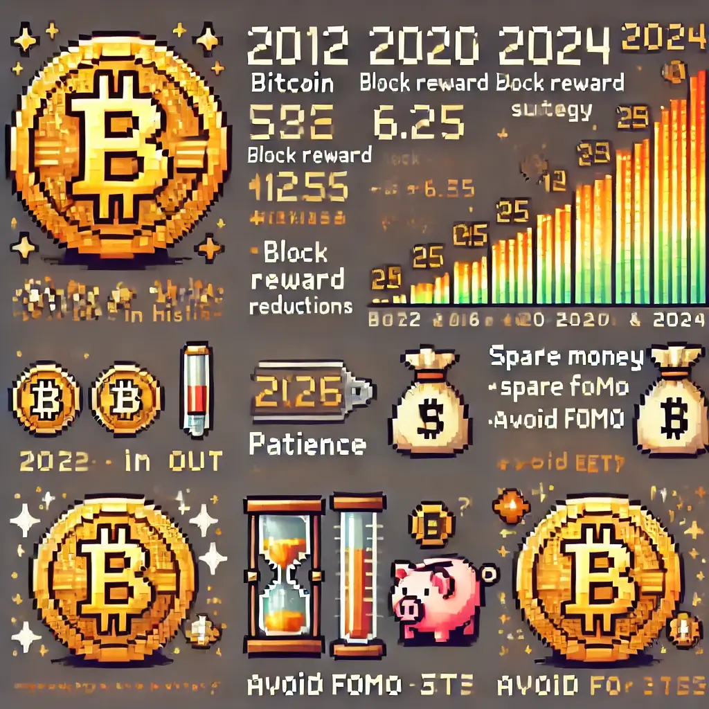 비트코인 반감기 픽셀 인포그래픽: 반으로 갈라진 황금 비트코인, 2012·2016·2020·2024 연도와 보상 50→25→12.5→6.25→3.125 감소가 표시되어 희소성과 비트코인 역사를 강조. 키워드: 비트코인 반감기, 비트코인 가격 예측, 암호화폐 투자, 비트코인 역사, 2024 비트코인.