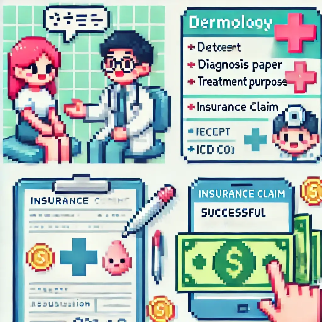 피부과 진료 장면 픽셀 아트, 환자가 의사에게 “치료 목적”이라고 말하는 모습, 실손보험·피부과·레이저 청구 의미.