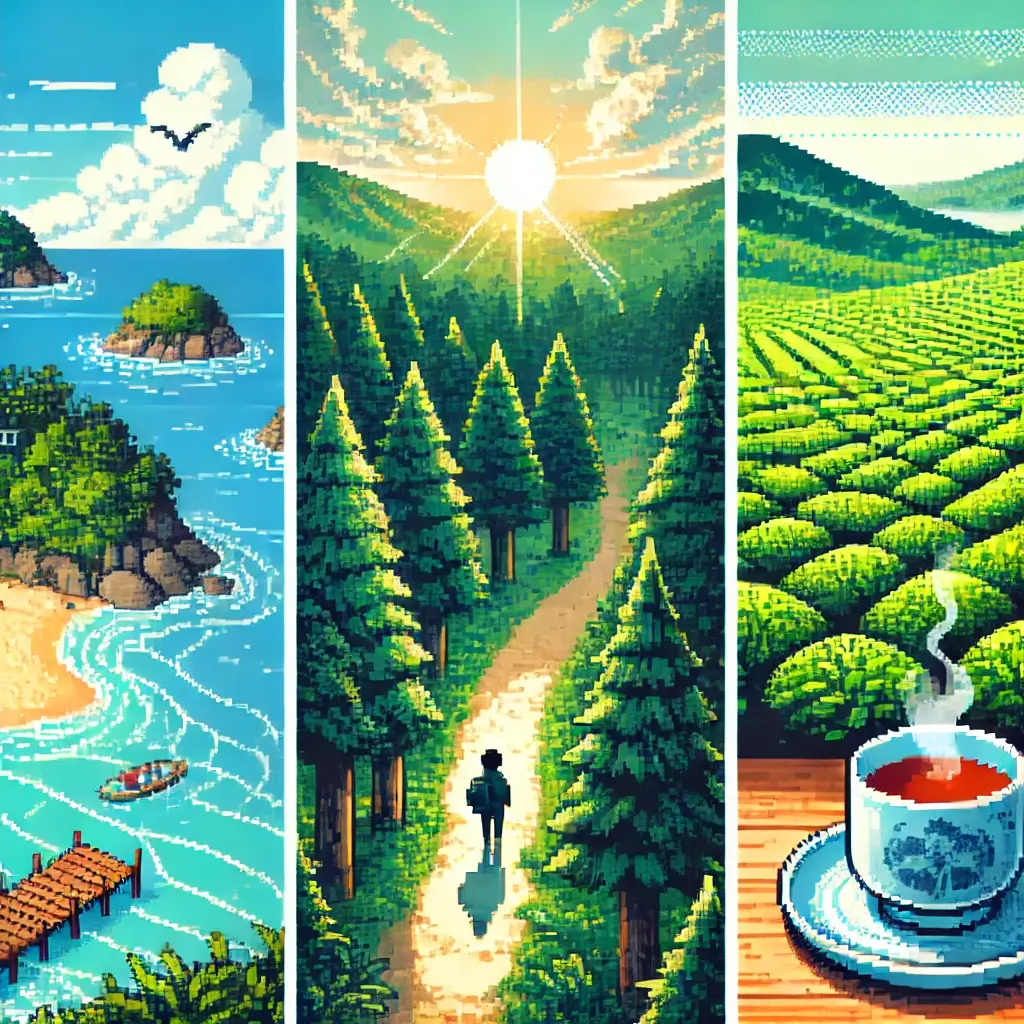 경남 남해의 픽셀 아트, 잔잔한 바다와 고요한 모래사장, 바닷가 커피. 힐링 여행, 국내 여행, 마음의 평화.