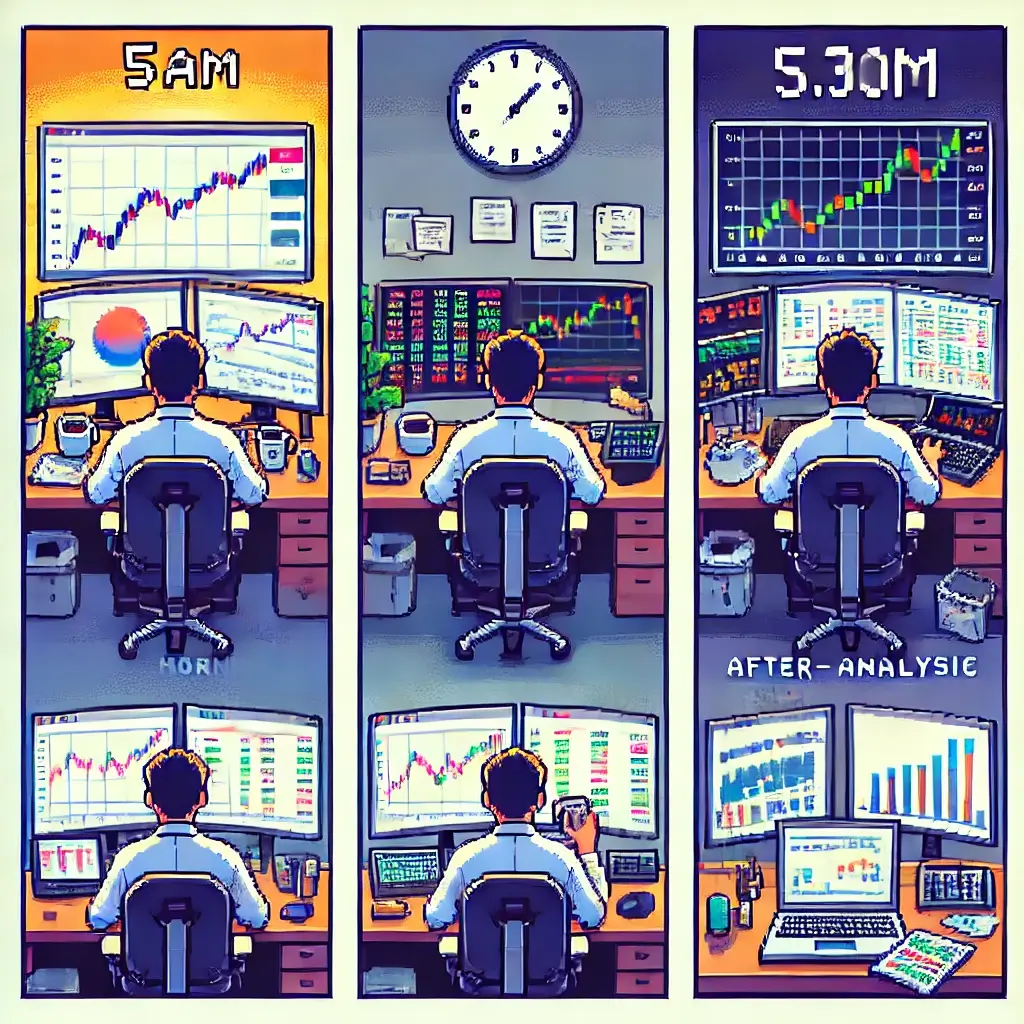 놀라운 하루의 비밀, 성공 전업 투자자 3가지 루틴! 2 새벽 5시에 커피를 마시며 다중 모니터에 주식 차트를 띄운 한국인 트레이더의 픽셀 아트. 전업 투자자 3가지 루틴!