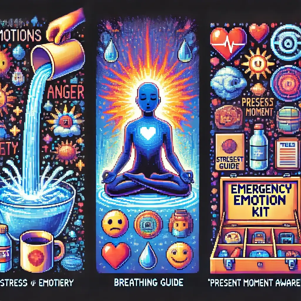 스트레스, 분노, 불안을 상징하는 넘치는 감정의 컵을 들고 있는 사람의 픽셀 아트, 감정 조절과 인지행동치료를 표현.