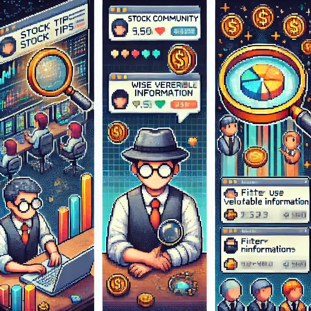 노트북 앞에 앉아 주식 정보를 받는 투자자 픽셀 아트, 유용한 팁은 황금색 말풍선, 가짜 팁은 회색 말풍선으로 표현. 정보의 홍수 속에서 살아남는 3가지 필살기