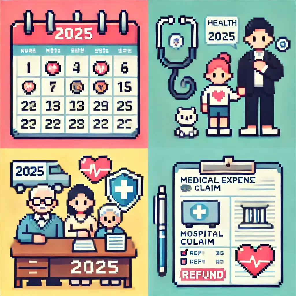 픽셀 아트 — 청진기와 체크리스트, 심장이 함께 있는 2025 건강보험 달력. 건강검진과 혜택 일정을 상징.