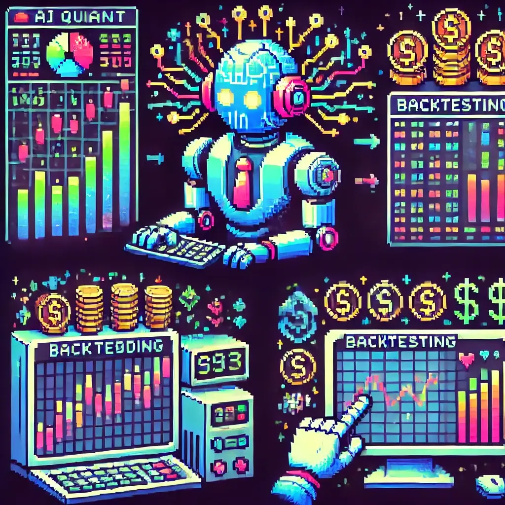 차트와 화살표가 있는 컴퓨터로 백테스팅을 실행하는 픽셀 아트, 데이터 기반 투자와 퀀트 분석을 표현.