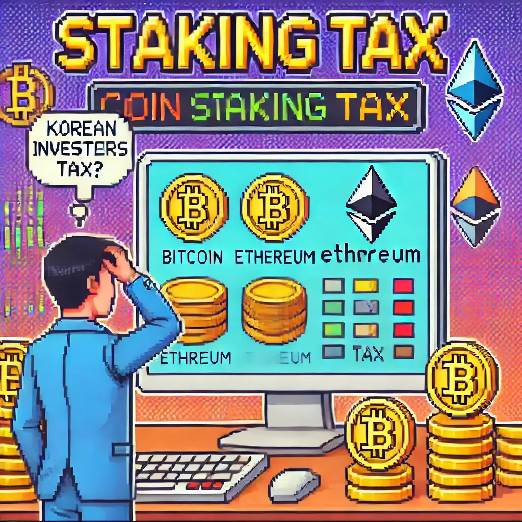 복고풍 픽셀 아트, 세금 문제로 고민하는 인물이 가상자산 코인과 “Tax” 문구 앞에 있는 모습. 키워드: 코인 스테이킹 세금, 가상자산 세금, 기타소득, 사업소득. 🔥코인 스테이킹 이자 세금, 이제야 200% 이해하는 방법 3가지!