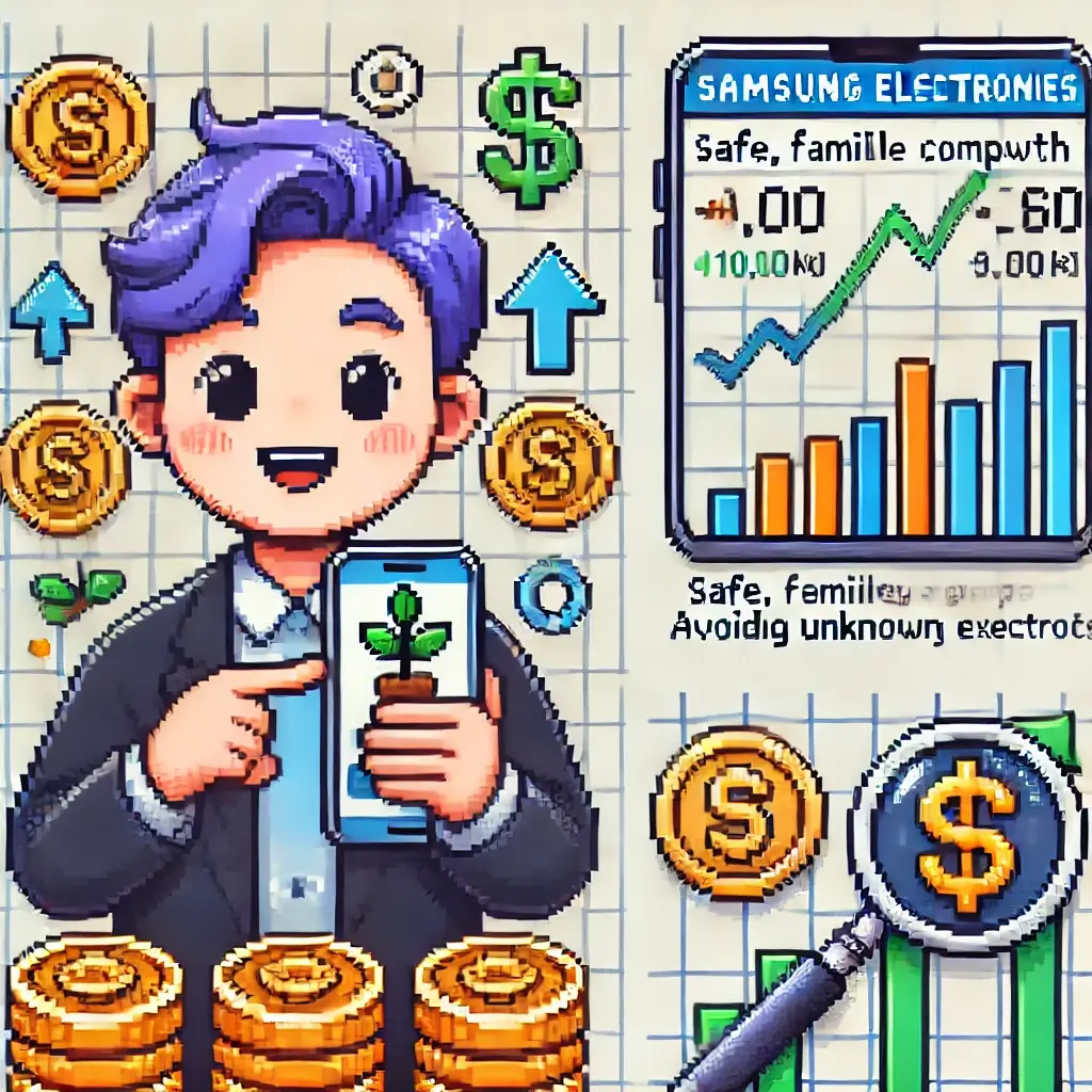 스마트폰 주식 거래 앱을 들고 있는 행복한 초보 투자자와 작은 동전, 상승 화살표가 있는 픽셀 아트, 소액 주식 투자를 나타냄.