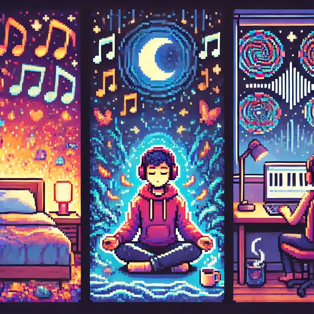 헤드폰을 쓴 사람이 가부좌로 앉아 있으며, 주위에 음악 음표와 뇌파, 앰비언트 파동이 표현된 픽셀 아트. 키워드: 명상음악, 스트레스해소, 집중력향상.